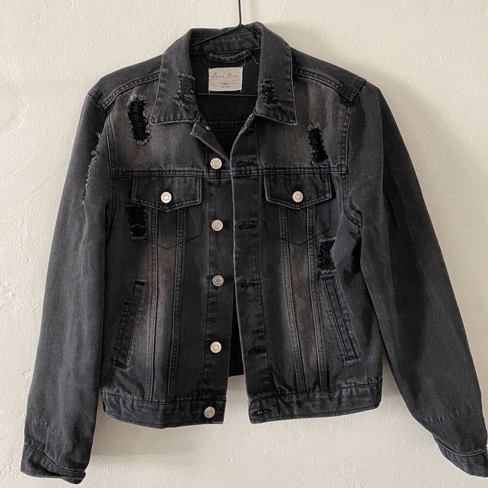 Fitted Black Distressed Jean Jacket